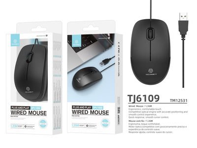Techancy Rato Com Fios Usb Preto TJ6109, 1,35 M Plug And Play, 1000dpi, Design Ergonómico Da Roda De Deslocamento Antiderrapante.