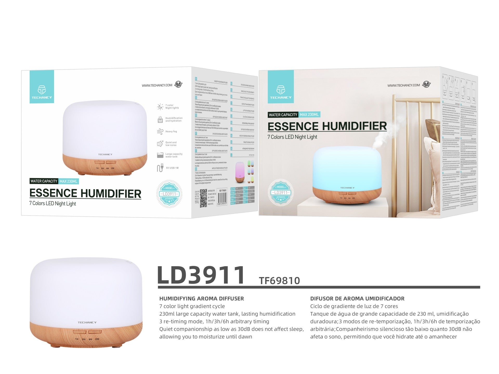 Difusor de aromaterapia Techancy, LD3911, com função humidificador, branco + grão de madeira