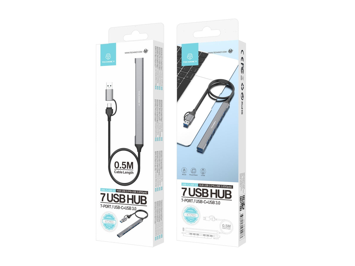 Hub USB Techancy 2 em 1 USB-C + USB 3.0, KT2903, 7 portas USB 3.0, cinzento