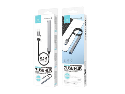 Hub USB Techancy 2 em 1 USB-C + USB 3.0, KT2903, 7 portas USB 3.0, cinzento