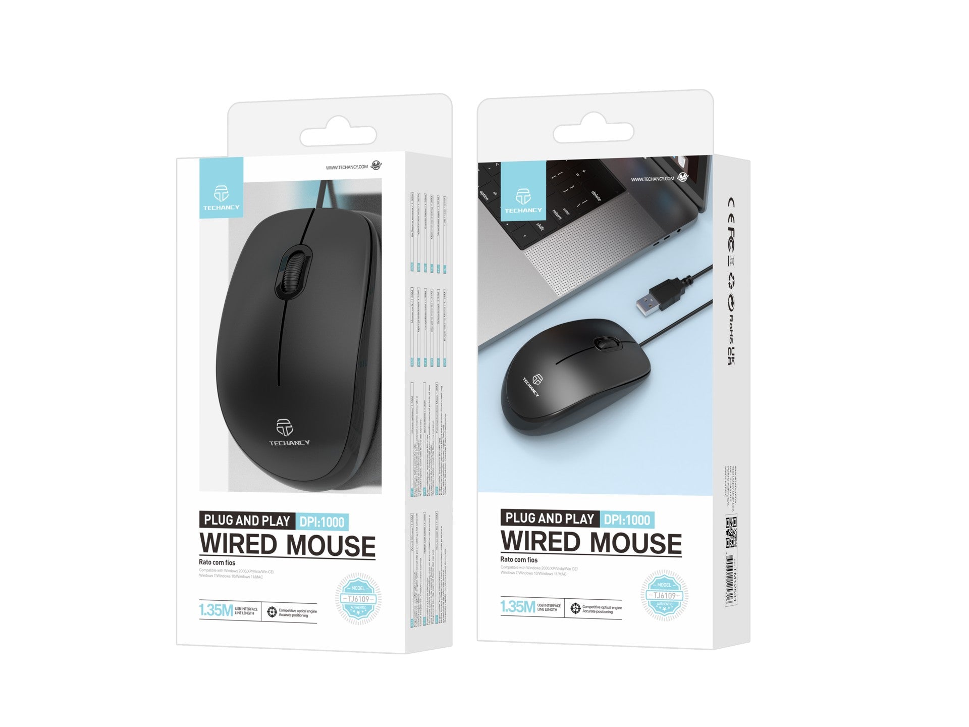 Techancy Rato Com Fios Usb Preto TJ6109, 1,35 M Plug And Play, 1000dpi, Design Ergonómico Da Roda De Deslocamento Antiderrapante.