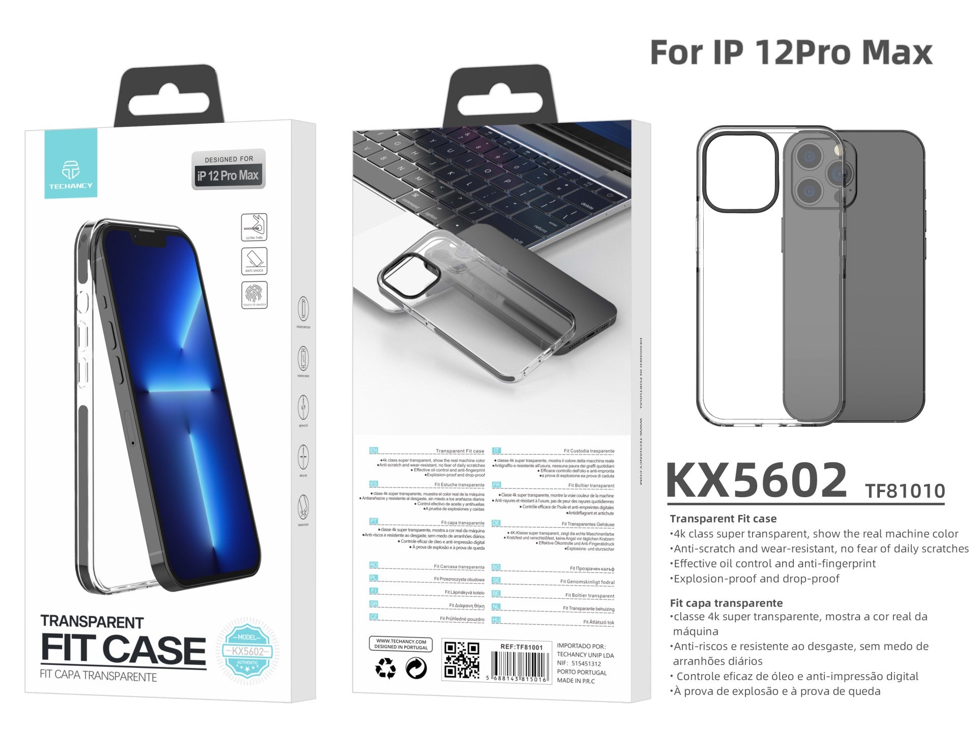 Capa transparente para telemóvel Techancy New Acrylic, KX5602, compatível com iPhone 12 Pro Max, transparente + Preto