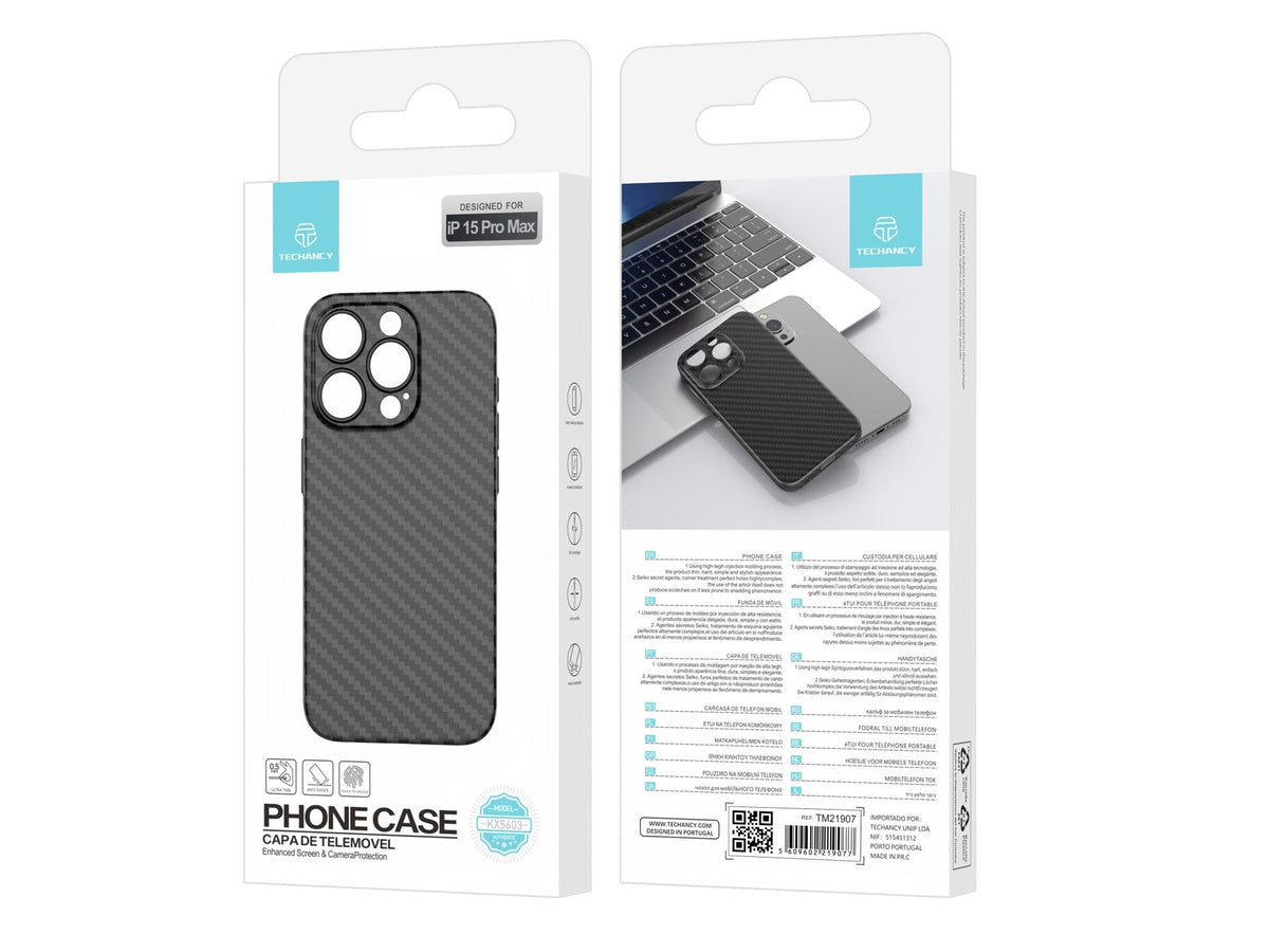 Techancy Capa Para Telemóvel Ultra Fina Em Fibra De Carbono KX5603, Compatível Com Iphone 15 Pro Max, Material Pp De 0,5 Mm.