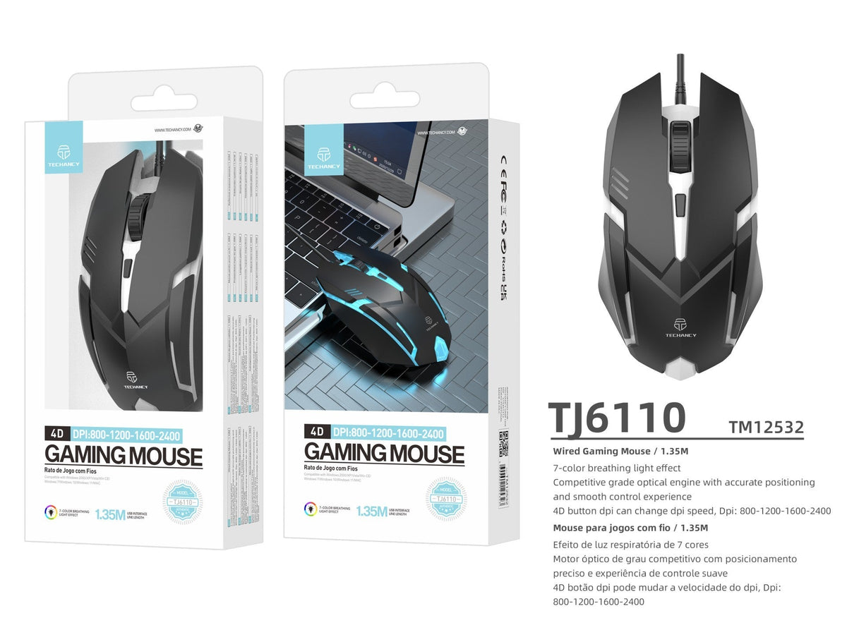 Techancy Rato Para Jogos Com Fios Usb  TJ6110, Botões 4d Dpi Ajustável (800-2400), Efeito De Luz De Respiração De 7 Cores.