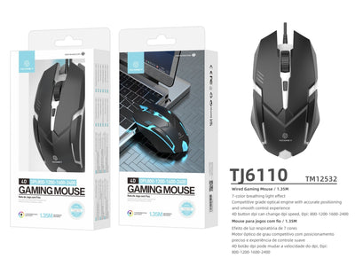 Techancy Rato Para Jogos Com Fios Usb  TJ6110, Botões 4d Dpi Ajustável (800-2400), Efeito De Luz De Respiração De 7 Cores.
