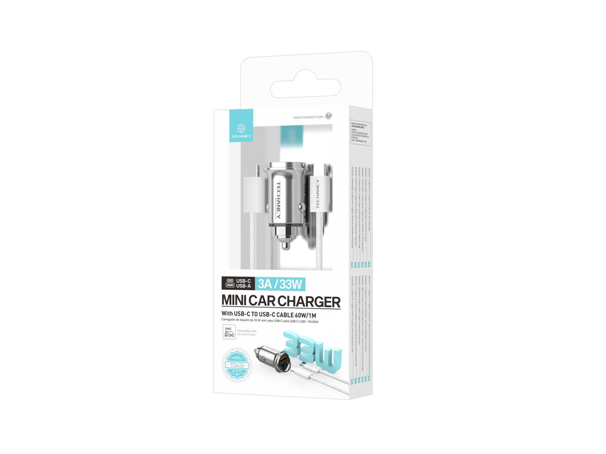 Techancy Mini Carregador TC6426, 33W, USB-A+USB-C, com Cabo USB-C para USB-C de 1m, Liga de AlumInio, Seguro e Confiavel