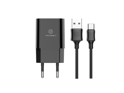 Techancy Carregador De Parede 2usb Preto TA2791,5V-2.4A Carregamento,Conjunto De Cabos Usb-Tipo-C 1m,Suporta Telemóveis Usb-C