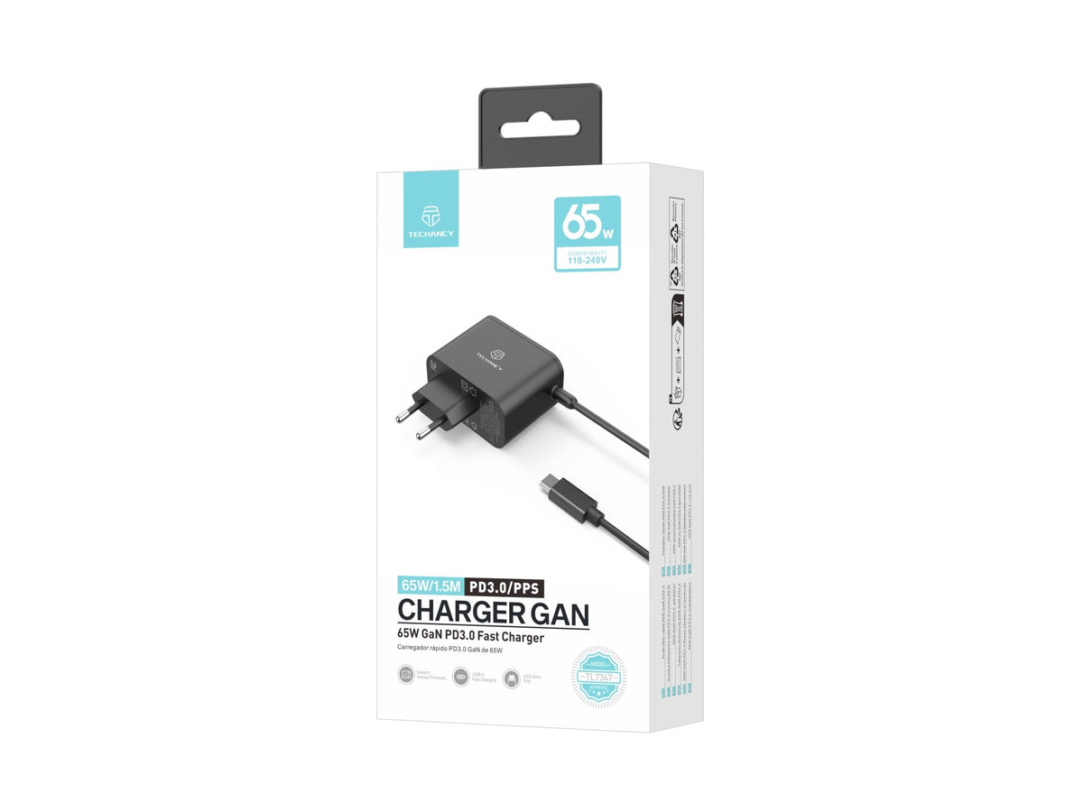 Techancy Carregador Rápido GaN USB-C de 65W TL7347, pequeno e portátil, compatível com vários dispositivos