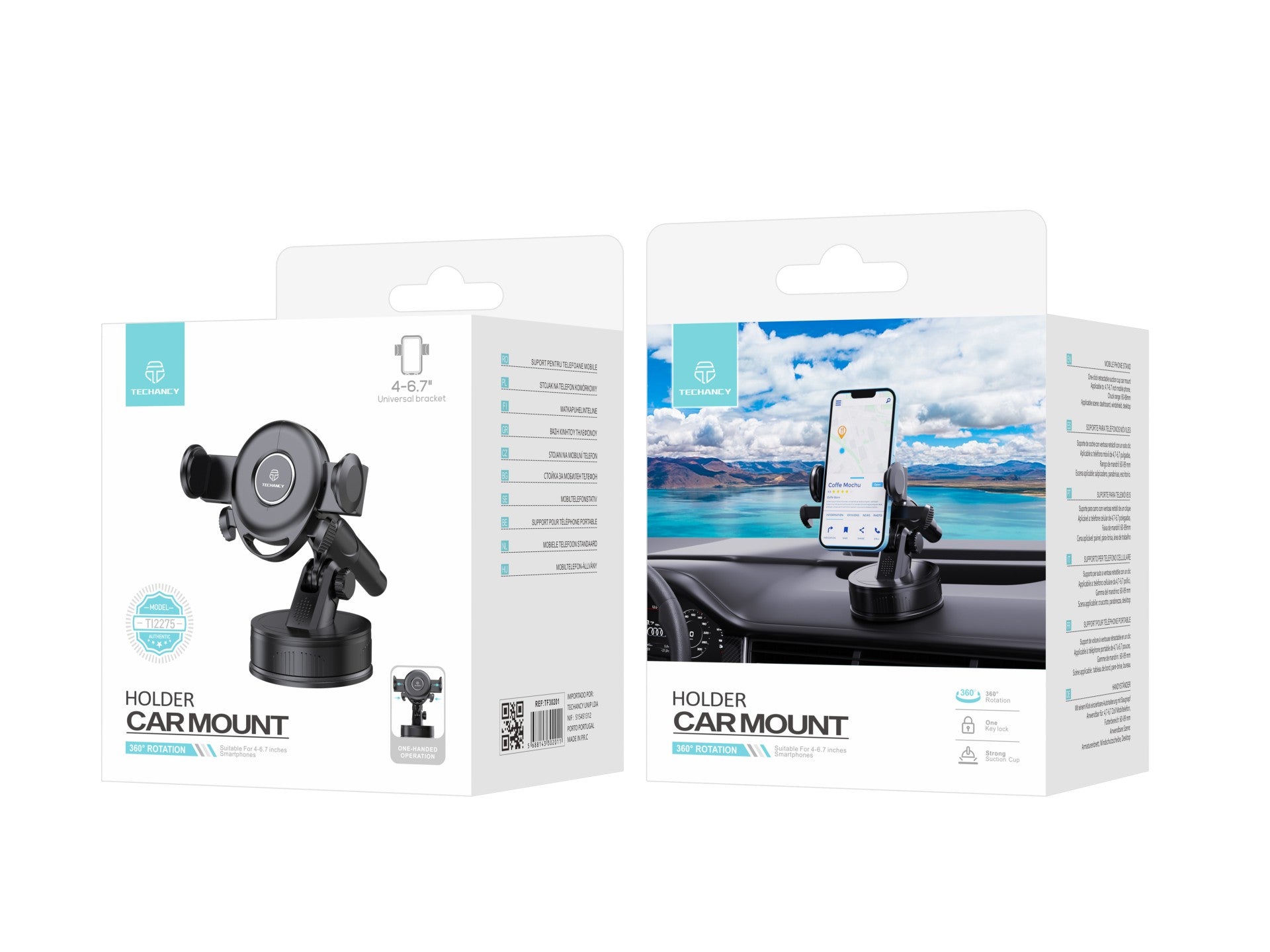 Suporte adesivo para telemóvel para carro Techancy, TI2275, interruptor de um toque, preto