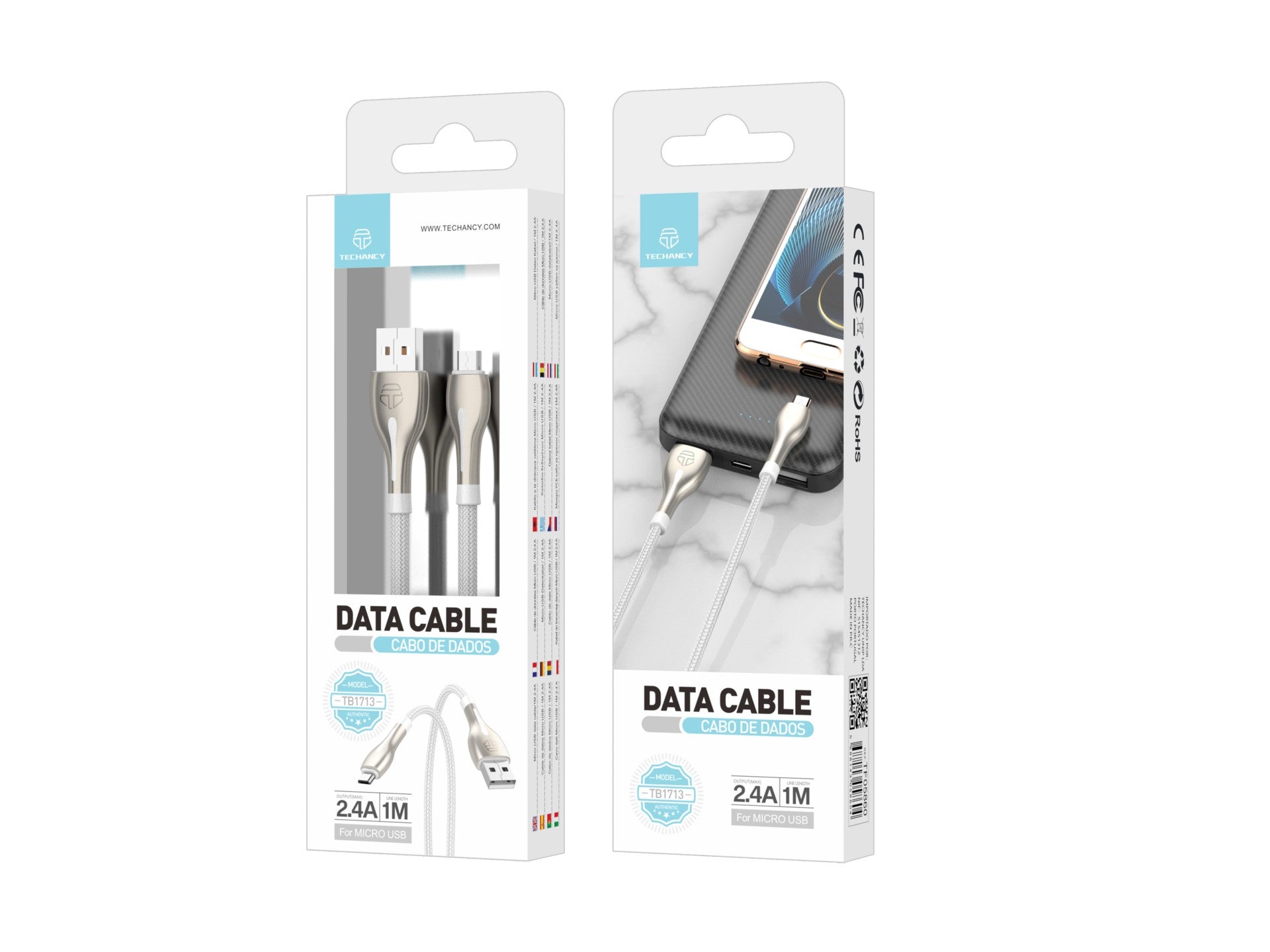 Cabo de dados USB-Micro Metal Techancy, TB1765, 1 m, 2,4 A, cinzento