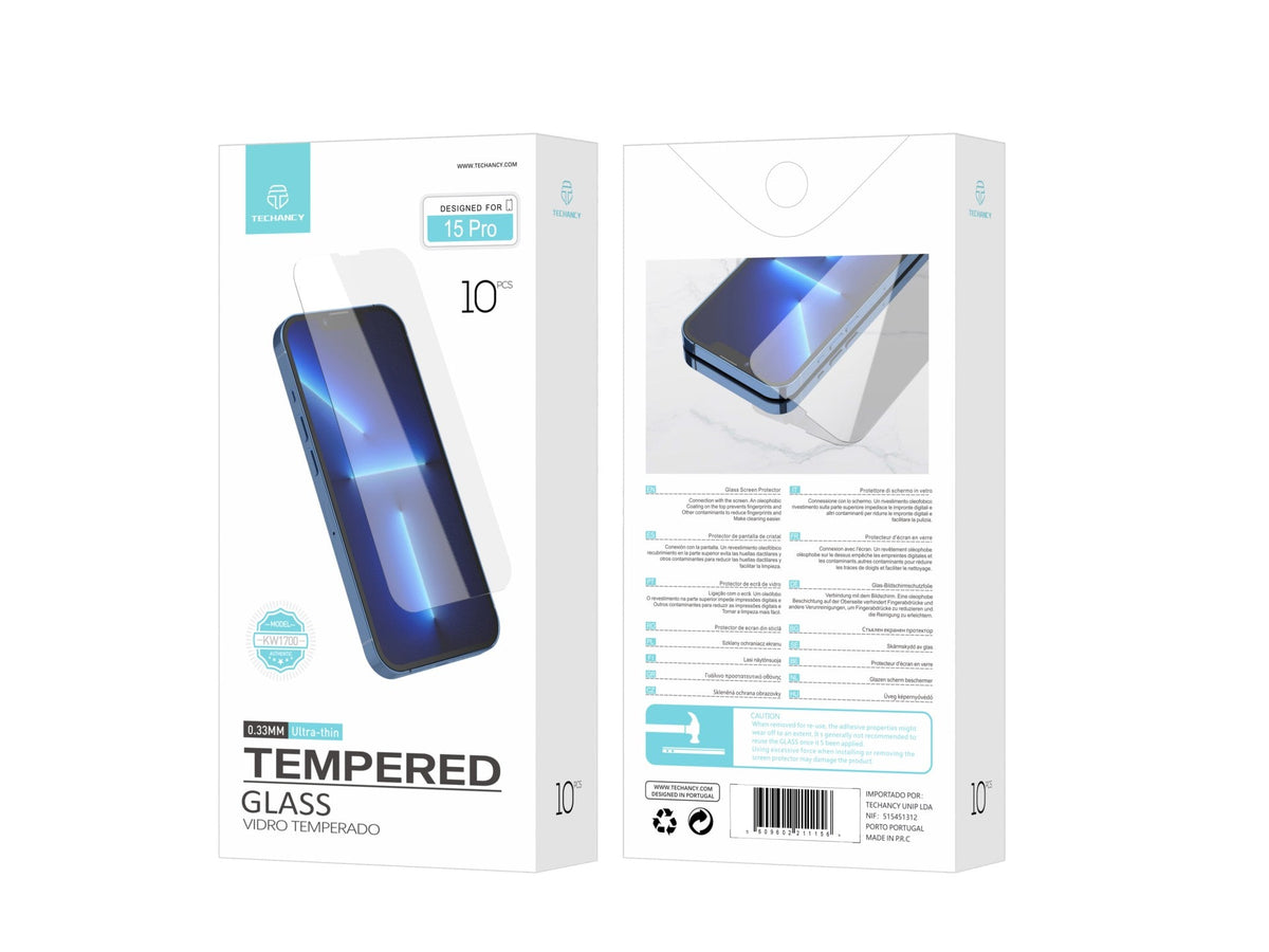 Techancy Película de Vidro Temperado  para iPhone 15 Pro KW1700 , 0.33MM, Anti-riscos, Alta Transparência, Fácil Aplicação