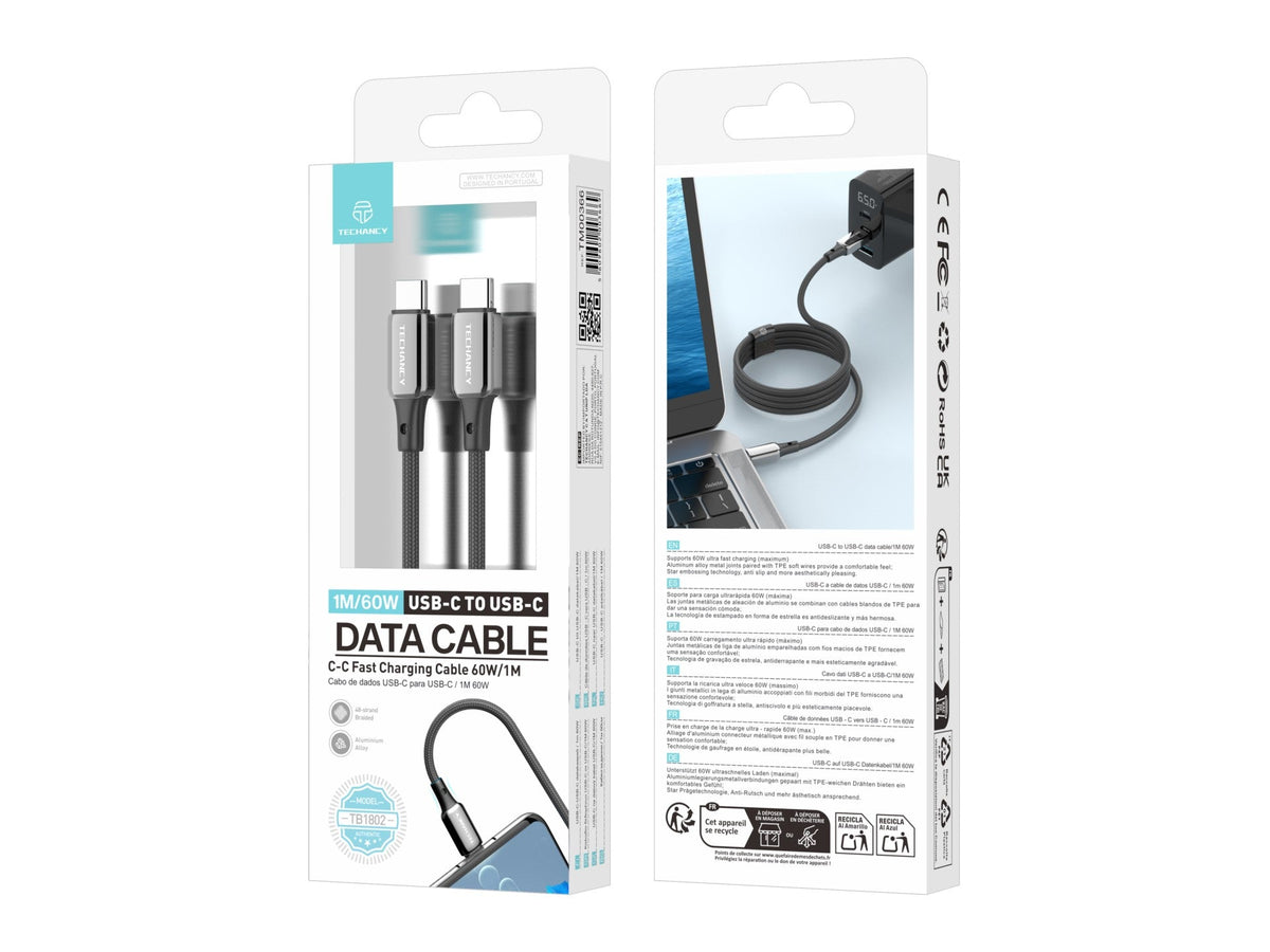 Techancy Cabo USB-C para USB-C TB1802, 60W, 1m Preto, Conector de AlumInio, Design Antiderrapante, Transferência Rapida, Resistente