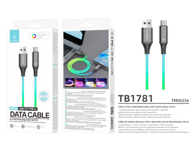Techancy Cabo De Dados De 1m TB1799, Usb-C Para Usb-C, Efeitos De Iluminação Rgb, Carregamento Rápido De 27w.