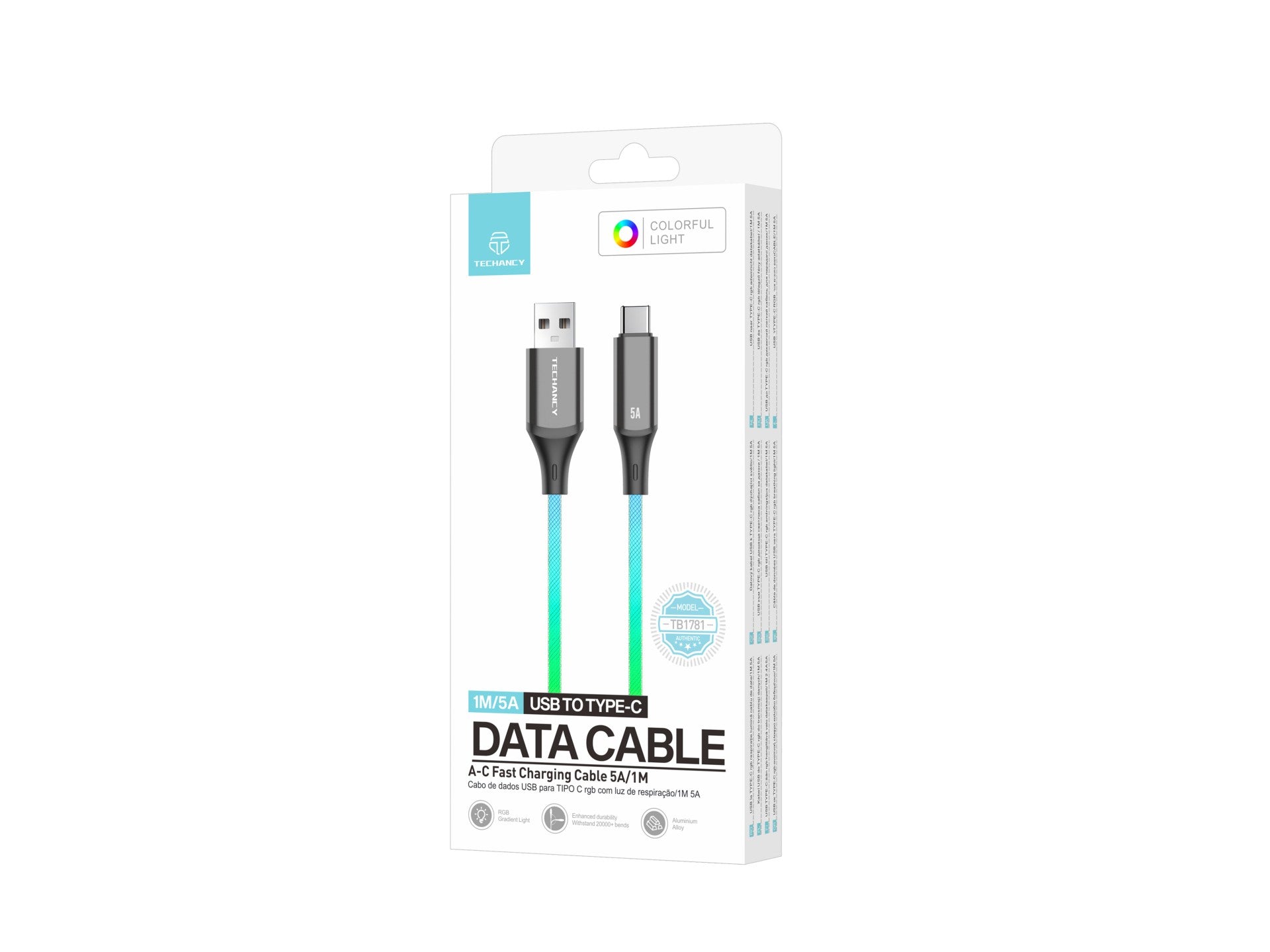 Techancy Cabo De Dados De 1m TB1799, Usb-C Para Usb-C, Efeitos De Iluminação Rgb, Carregamento Rápido De 27w.