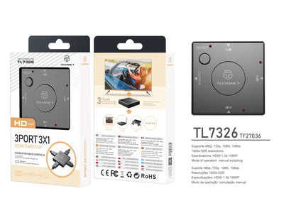 Techancy HDTV Hub 3 portas, TL7326, comutação com um toque 1080P, preto