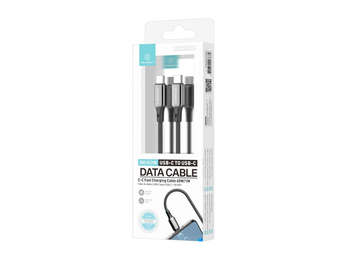 Techancy Cabo USB-C para USB-C TB1802, 60W, 1m Preto, Conector de AlumInio, Design Antiderrapante, Transferência Rapida, Resistente