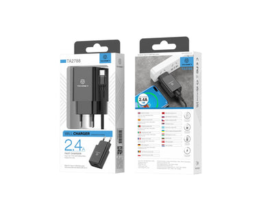 Techancy Carregador De Telemóvel Preto  TA2788, Saída Usb 5v-2.4a Carregamento, Conjunto De Carregador De Cabo Usb-Tipo C 1m