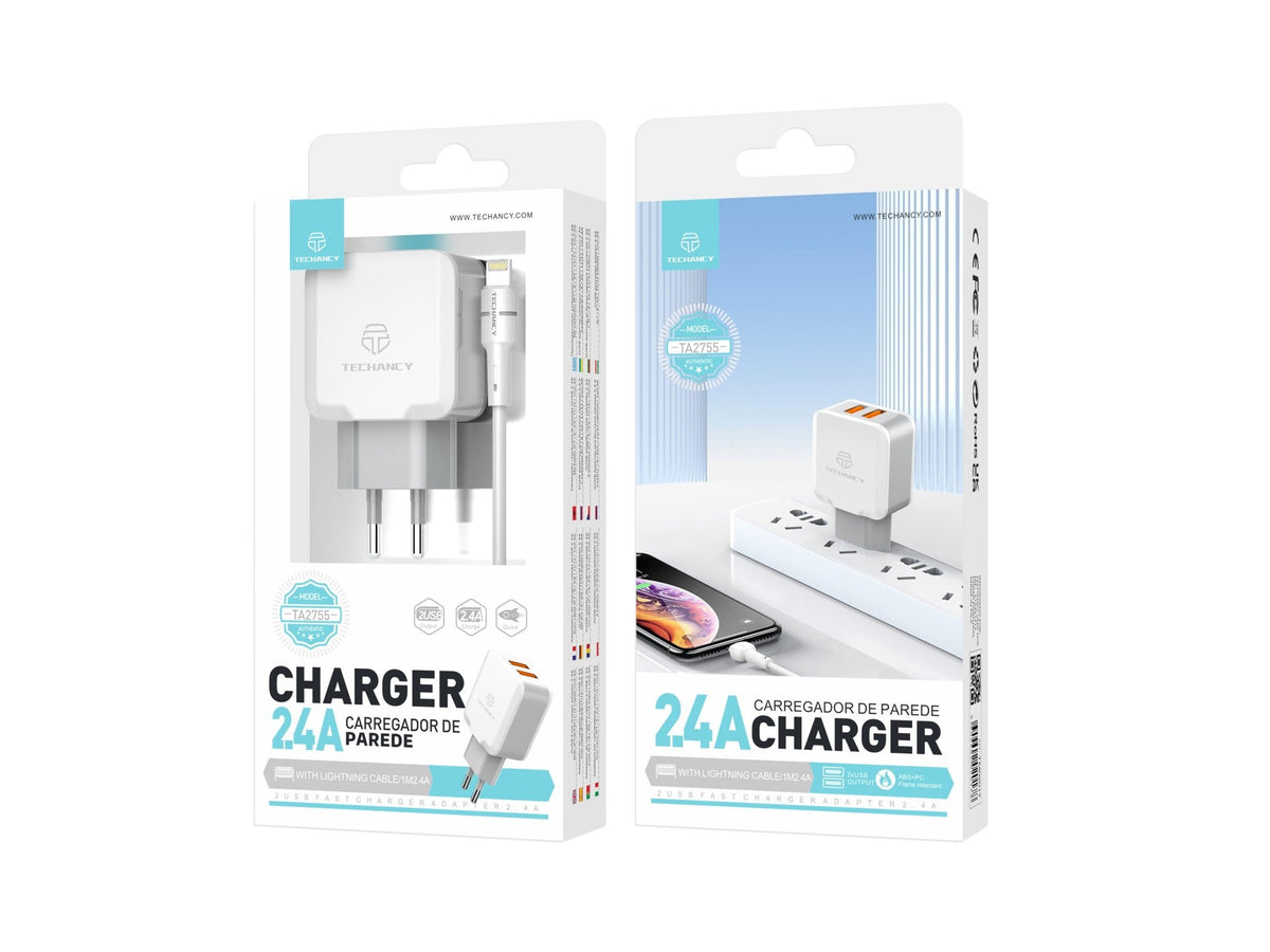 Techancy Carregador De Parede De Porta Usb Dupla 2.4A Branco TA2755 Com Conjunto De Cabos Usb-Lightning 1m