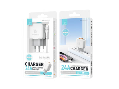 Techancy Carregador De Parede De Porta Usb Dupla 2.4A Branco TA2755 Com Conjunto De Cabos Usb-Lightning 1m