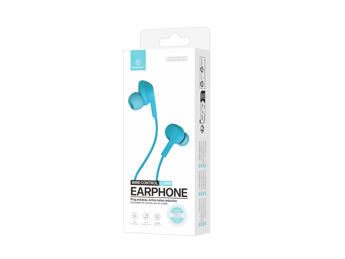 Techancy Auricular Com Fios Azul  TD8022 , Microfone Integrado, 3,5 Mm, Compatível Com Smartphones E Tablets
