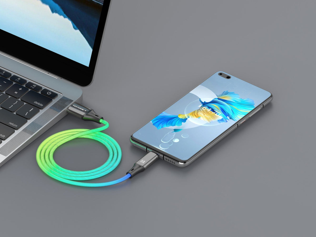 Techancy Cabo De Dados De 1m TB1799, Usb-C Para Usb-C, Efeitos De Iluminação Rgb, Carregamento Rápido De 27w.