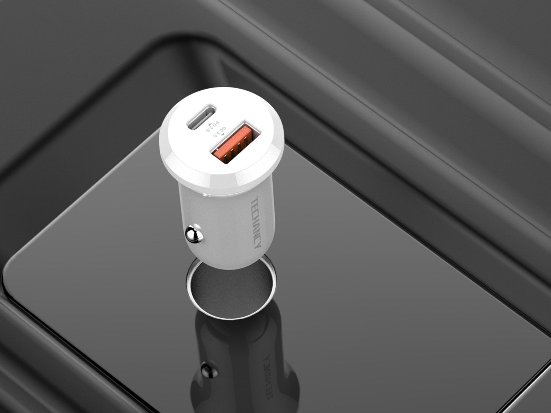 Techancy Carregador de Carro 30W TC6427 USB-A+USB-C Carregamento Rapido QC3.0 PD3.0 Compativel com Telemoveis Tablets Auriculares 12V-24V