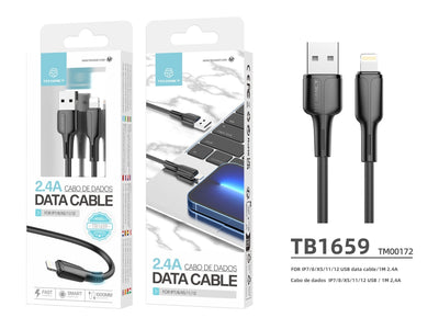 Techancy Cabo De Dados Usb-Lightning Preto 1m TB1659, Carregamento Rápido 2.4a, Suporta Transferência De Dados, Material Pvc