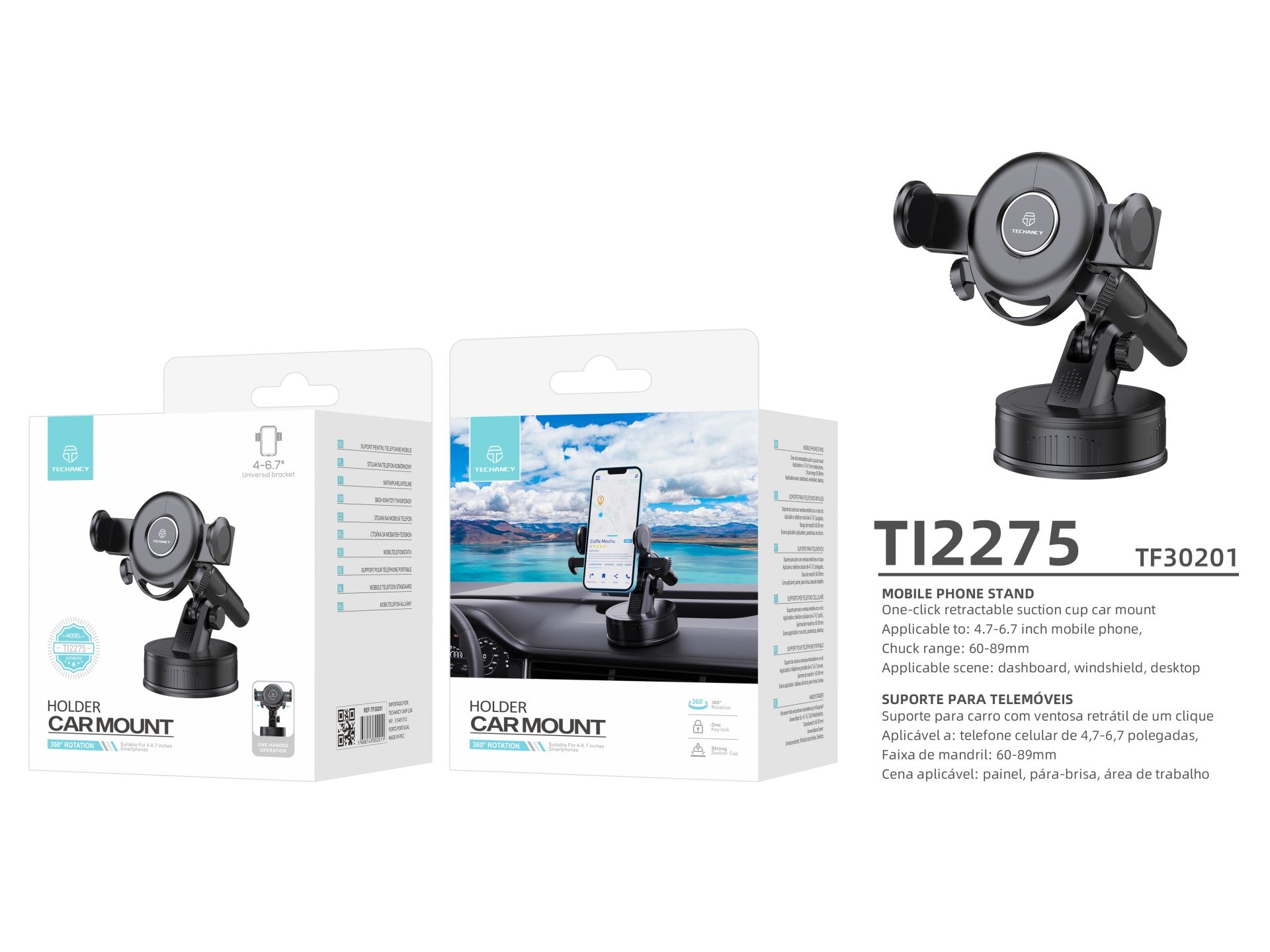 Suporte adesivo para telemóvel para carro Techancy, TI2275, interruptor de um toque, preto