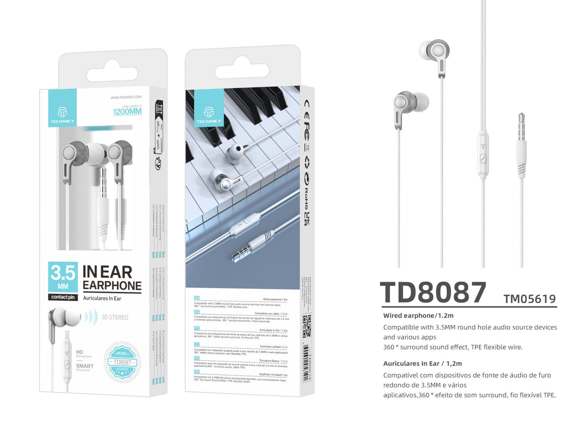 Techancy Auscultadores Intra-Auriculares De 3,5 Mm Brancos De 1,2 M TD8087, Som Estéreo Surround, Experiência Premium.