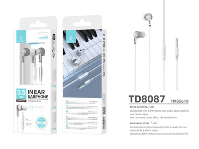 Techancy Auscultadores Intra-Auriculares De 3,5 Mm Brancos De 1,2 M TD8087, Som Estéreo Surround, Experiência Premium.