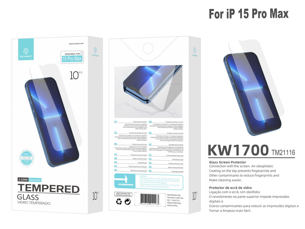 Techancy Película de Vidro Temperado  para iPhone 15 Pro Max KW1700 , 0.33MM, Anti-riscos, Alta Transparência, Fácil Aplicação