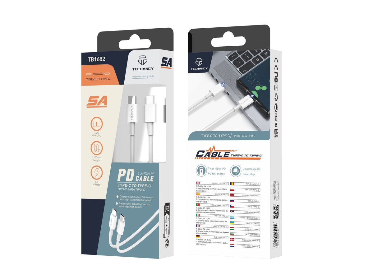 Techancy Cabo De Dados De Carregamento Rápido Pd De 18 W 1,2 M TB1682, Interface Usb C-Usb C, Suporta Transferência De Dados