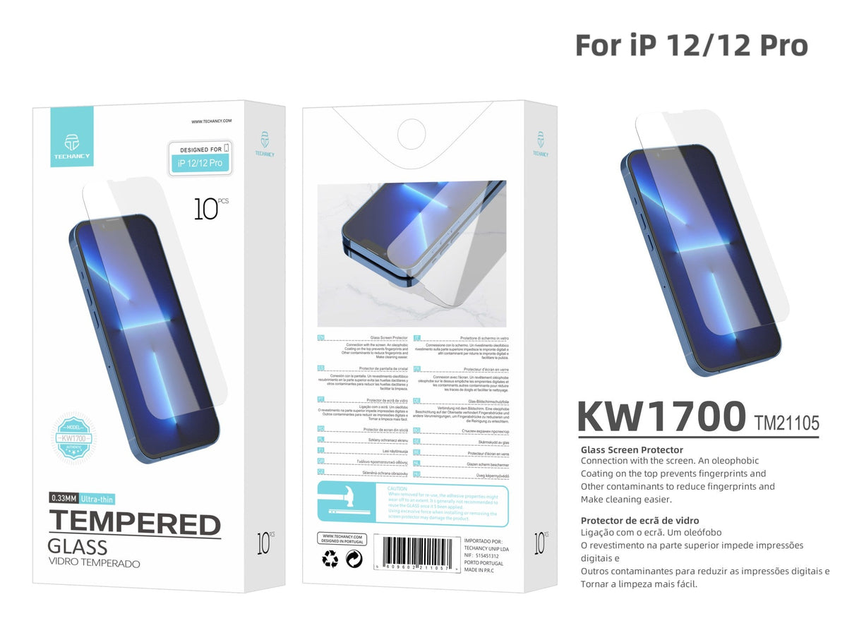 Techancy Película de Vidro Temperado  para iPhone 12/12 Pro KW1700 , 0.33MM, Anti-riscos, Alta Transparência, Fácil Aplicação