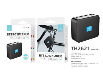 Techancy Mini Bluetooth Audio Black TH2621 Com Bateria Incorporada Suporta Ligação Sem Fios 5.0/Tf/U Disk/Aux