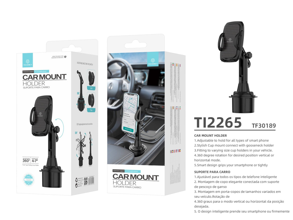 Suporte para telemóvel Techancy, TI2265, instalado no suporte para copos do carro, preto