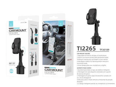 Suporte para telemóvel Techancy, TI2265, instalado no suporte para copos do carro, preto