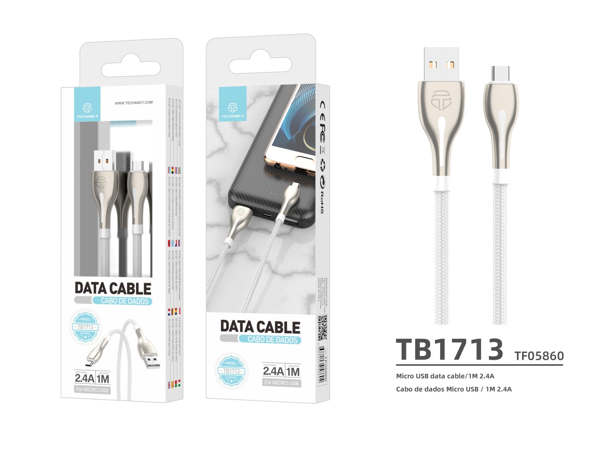 Cabo de dados USB-Micro Metal Techancy, TB1765, 1 m, 2,4 A, cinzento