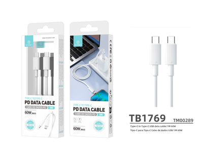 Techancy Cabo Pd De Carregamento Rápido 1m Branco TB1769,Tipo-C Para Tipo-C, 60w Compatível Com Computadores Portáteis