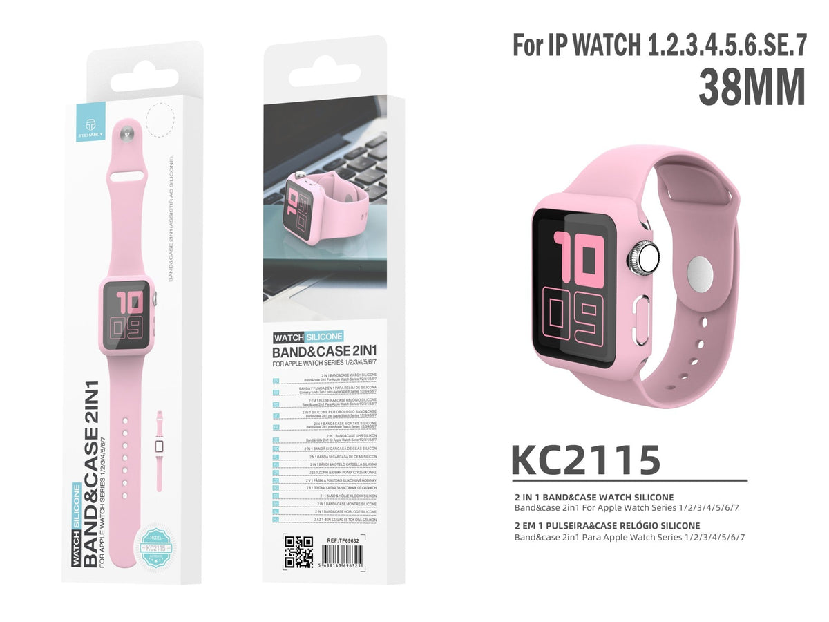 Pulseira de silicone para relógio Techancy, KC2115, com protetor de ecrã, compatível com Apple Watch 38 mm, rosa