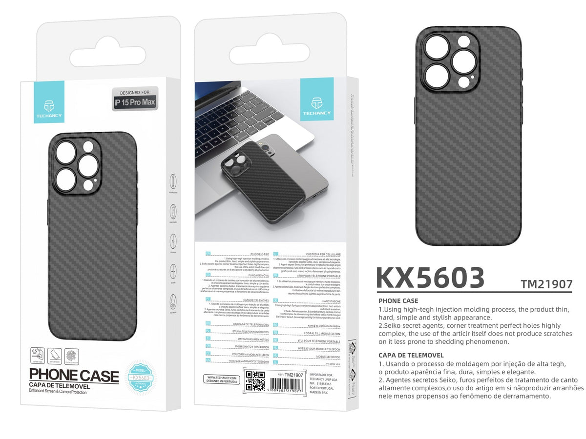 Techancy Capa Para Telemóvel Ultra Fina Em Fibra De Carbono KX5603, Compatível Com Iphone 15 Pro Max, Material Pp De 0,5 Mm.