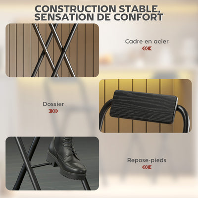 Lot de 2 tabourets de bar pliables avec dossier et repose-pieds, cadre en acier, 87 cm de haut, noir