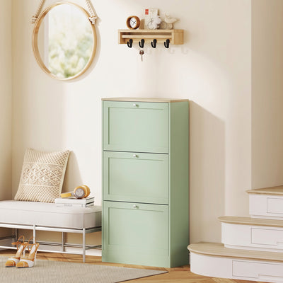 Meuble à Chaussures Style Moderne, 3 Portes Abattantes, 18 Paires de Chaussures, 60 x 23,5 x 115 cm, Vert