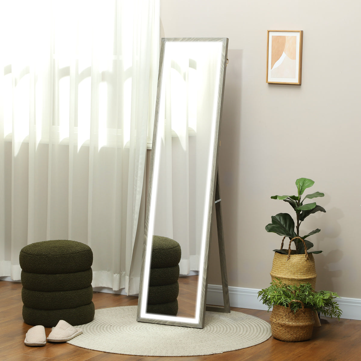 Grand miroir pleine longueur, miroir mural ou sur pied rectangulaire, 40 x 160 cm avec éclairage LED 3 couleurs, gris