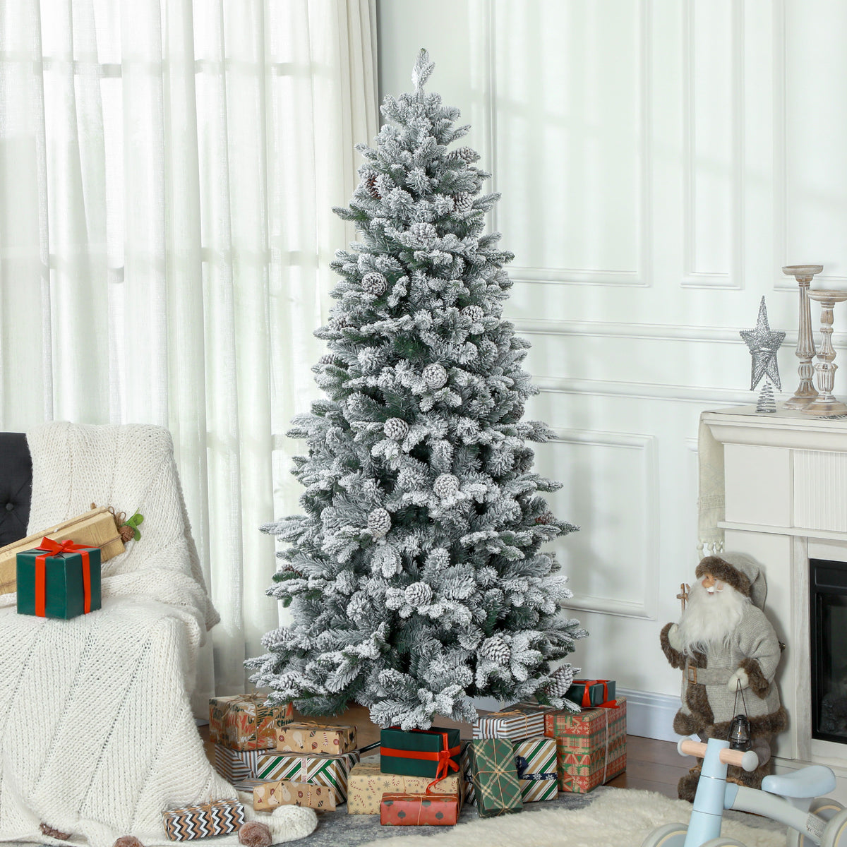 Sapin de Noël artificiel 180 cm Arbre de Noël avec support en métal 1489 branches enneigées, pommes de pin, vert