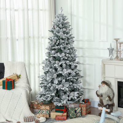 Sapin de Noël artificiel 180 cm Arbre de Noël avec support en métal 1489 branches enneigées, pommes de pin, vert