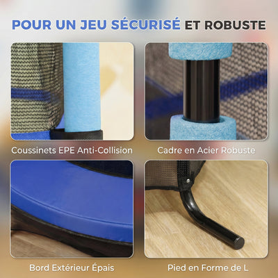 Trampoline Enfant Ø 1,63 × 1,9H m Filet de sécurité Porte zipée Couvre-Ressorts 6 poteaux rembourrés Inclus Bleu