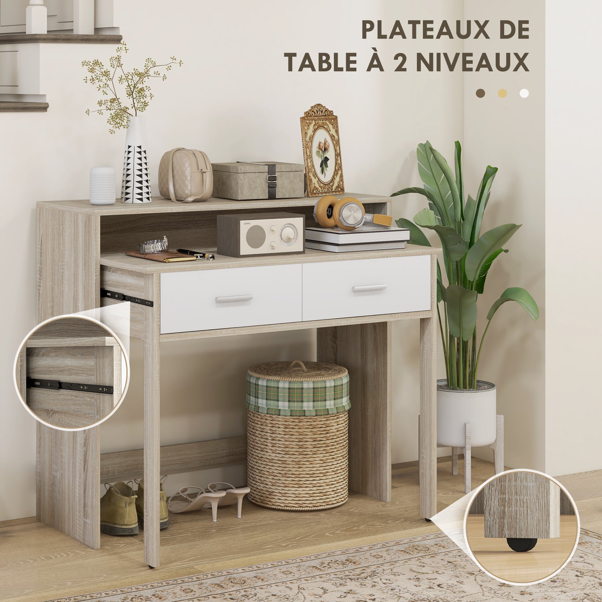 Table console avec plateau coulissant et 2 tiroirs, table de couloir avec rangement, 95l x 35P x 87H cm, aspect chêne
