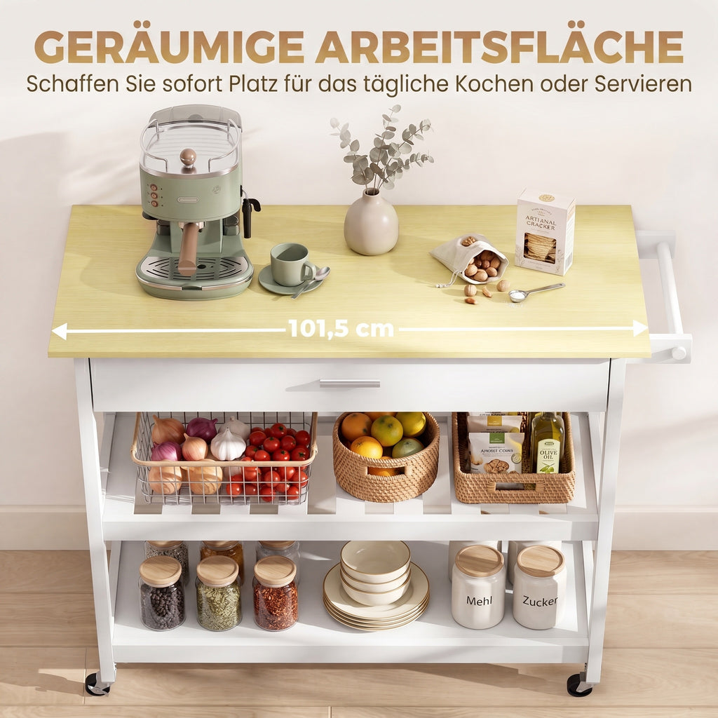 Desserte de cuisine à roulettes, îlot central cuisine avec plan de travail, tiroir, étagères, porte-serviettes, blanc