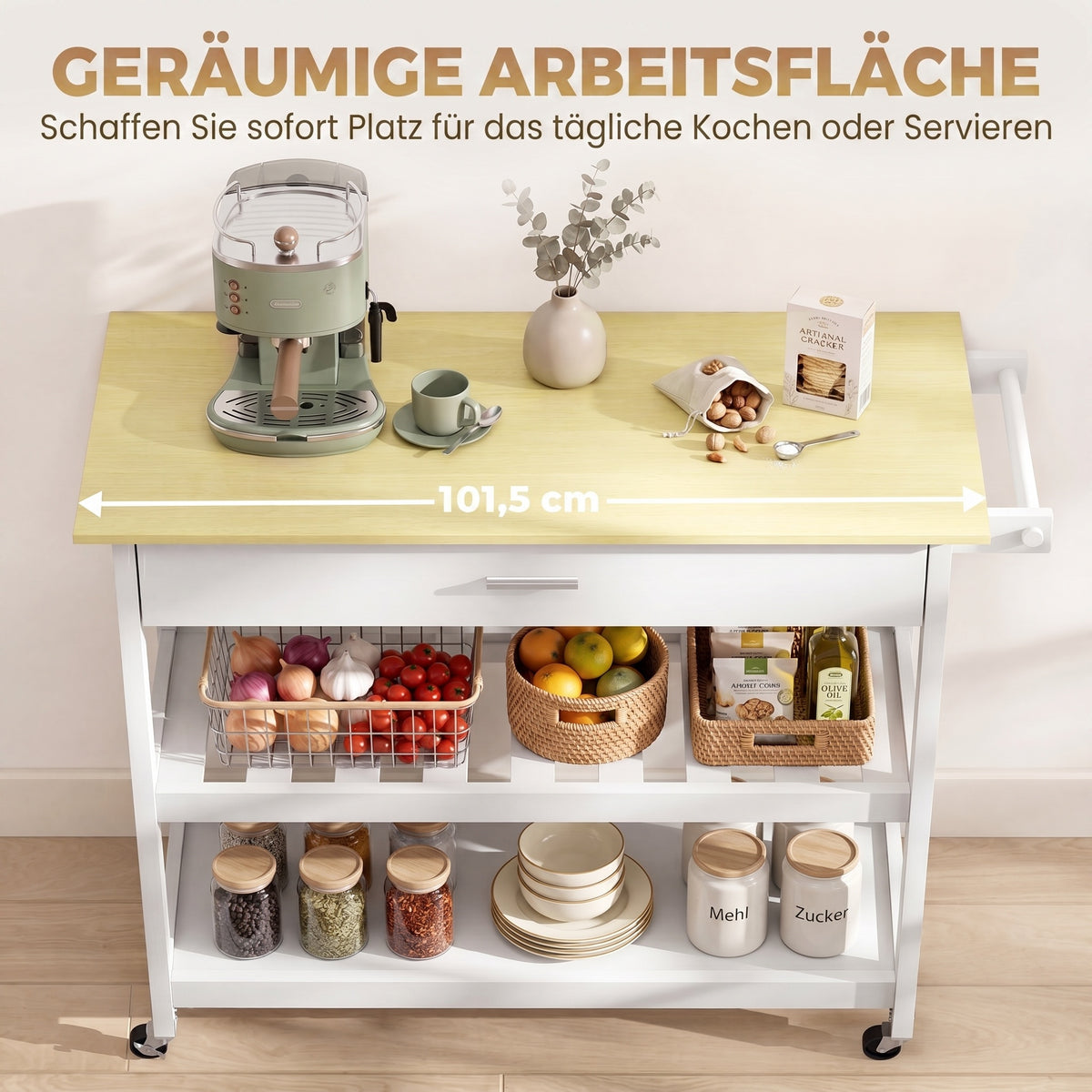 Desserte de cuisine à roulettes, îlot central cuisine avec plan de travail, tiroir, étagères, porte-serviettes, blanc