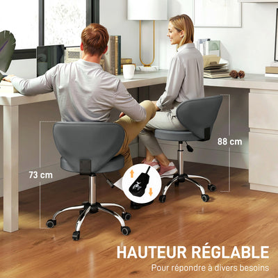 Tabouret à roulettes, tabouret de massage en PU avec hauteur réglable 73-88 cm et dossier, pivotant 360°, gris